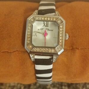 Betsey Johnson zebra print leather and crystal  women's square dome glas…
